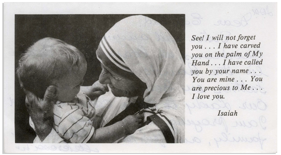 Scarce Mother Teresa Autograph Letter Signed on a Prayer Card -- With JSA COA